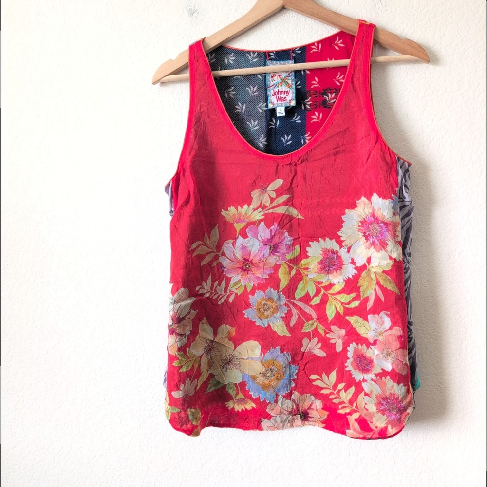 Johnny Was Reversible Silk Tank Top Navy Red Floral Boho Scoop Neck Oversized XS